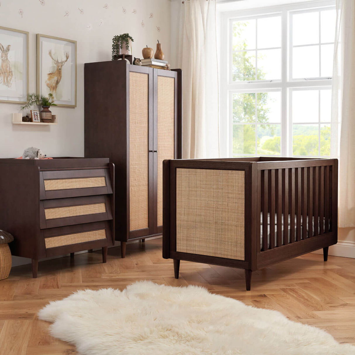 Tutti Bambini Japandi 3 Piece Nursery Furniture Set with Cot Bed, Dresser and Wardrobe - Warm Walnut