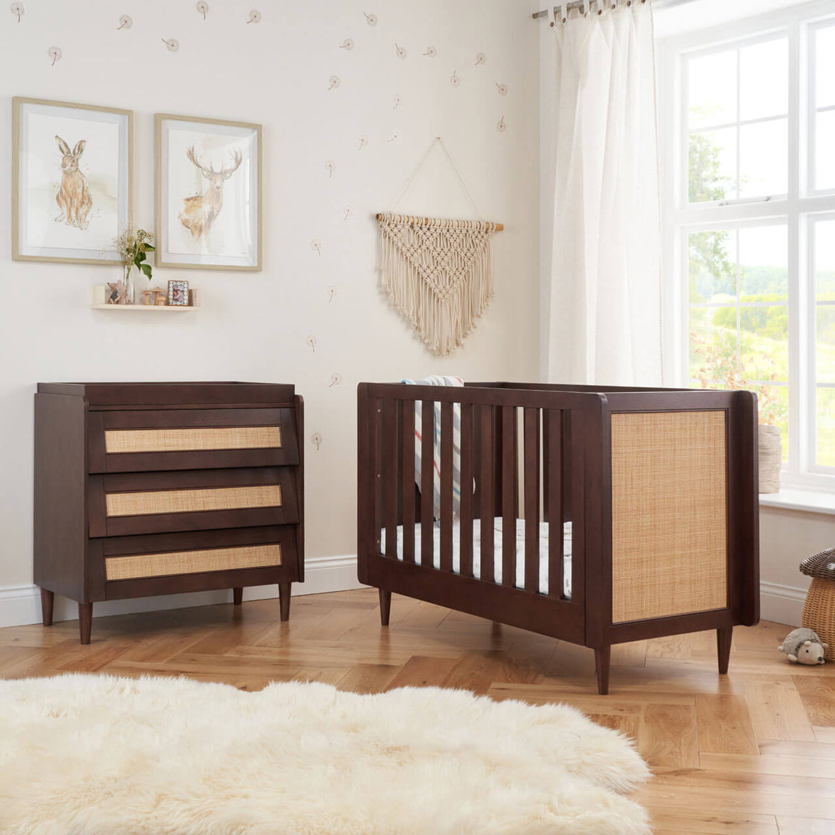 Tutti Bambini Japandi Mini 2 Piece Nursery Furniture Set with Cot Bed and Dresser - Warm Walnut