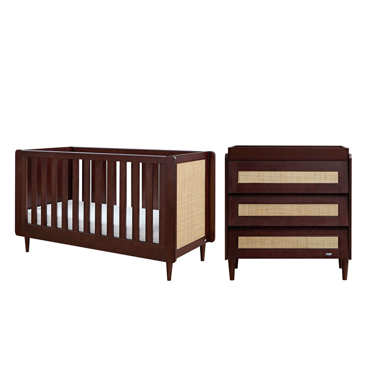 Tutti Bambini Japandi Mini 2 Piece Nursery Furniture Set with Cot Bed and Dresser - Warm Walnut