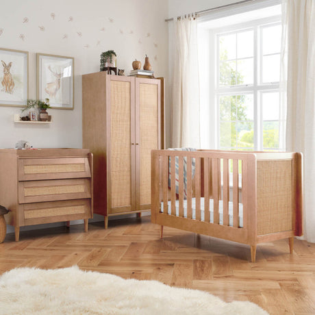 Tutti Bambini Japandi Mini 3 Piece Nursery Furniture Set with Cot Bed, Dresser and Wardrobe - Light Oak