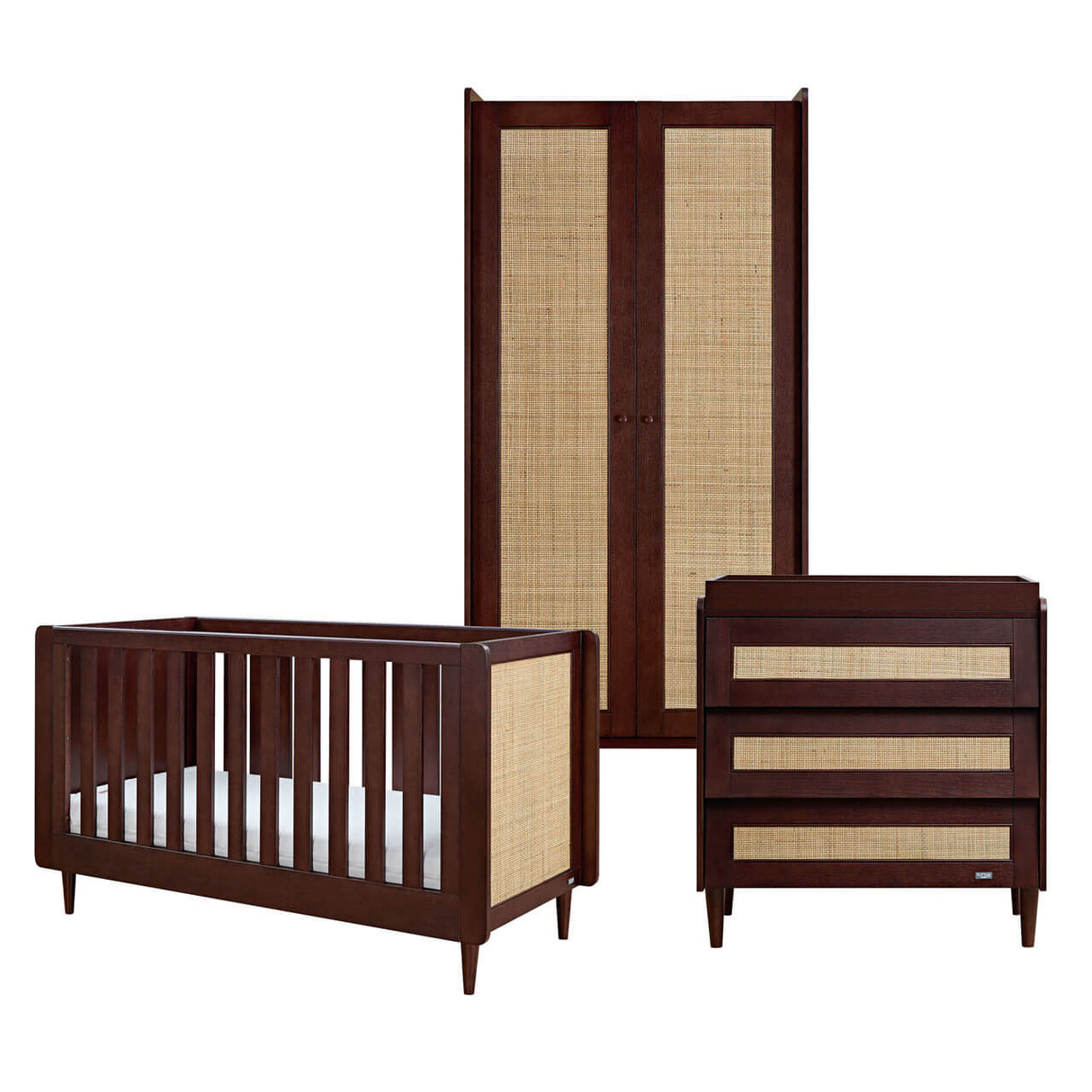 Tutti Bambini Japandi Mini 3 Piece Nursery Furniture Set with Cot Bed, Dresser and Wardrobe - Warm Walnut