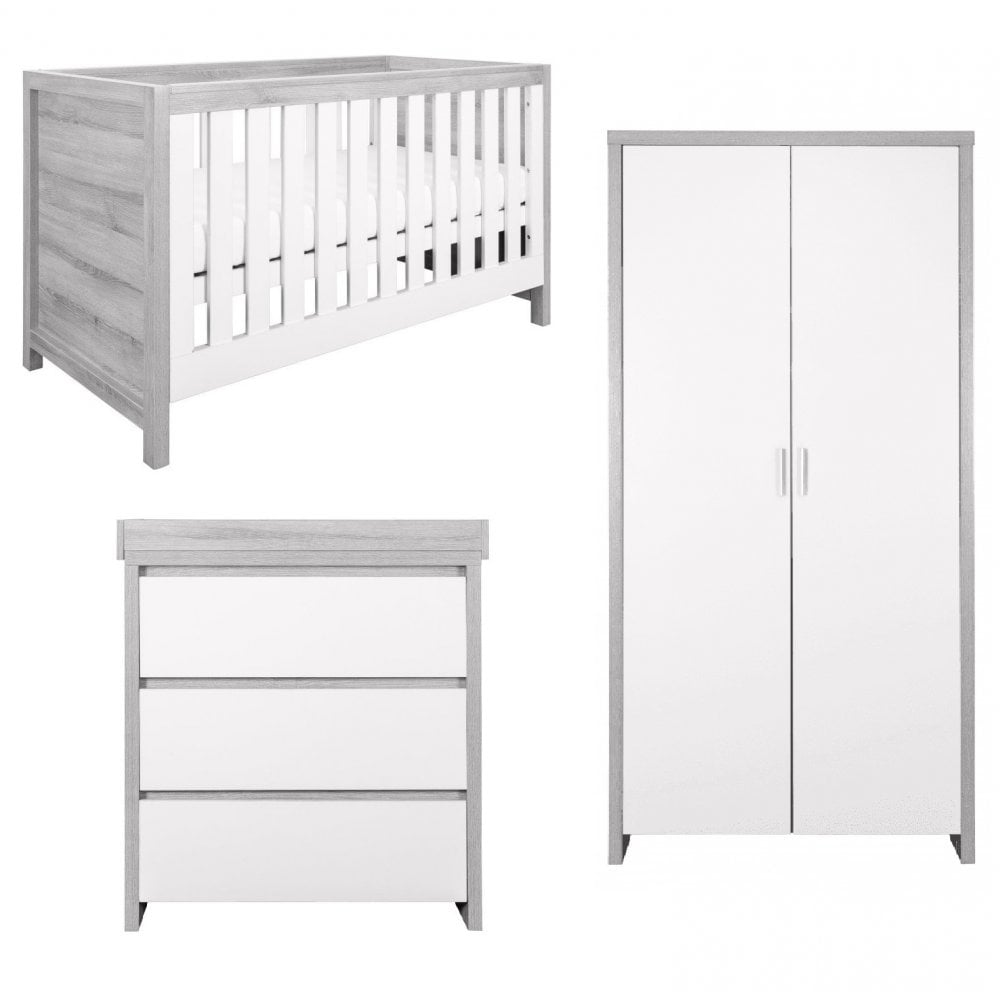 Tutti Bambini Modena 3 Piece Nursery Furniture Set with Cot Bed, Dresser & Wardrobe - White & Grey Ash