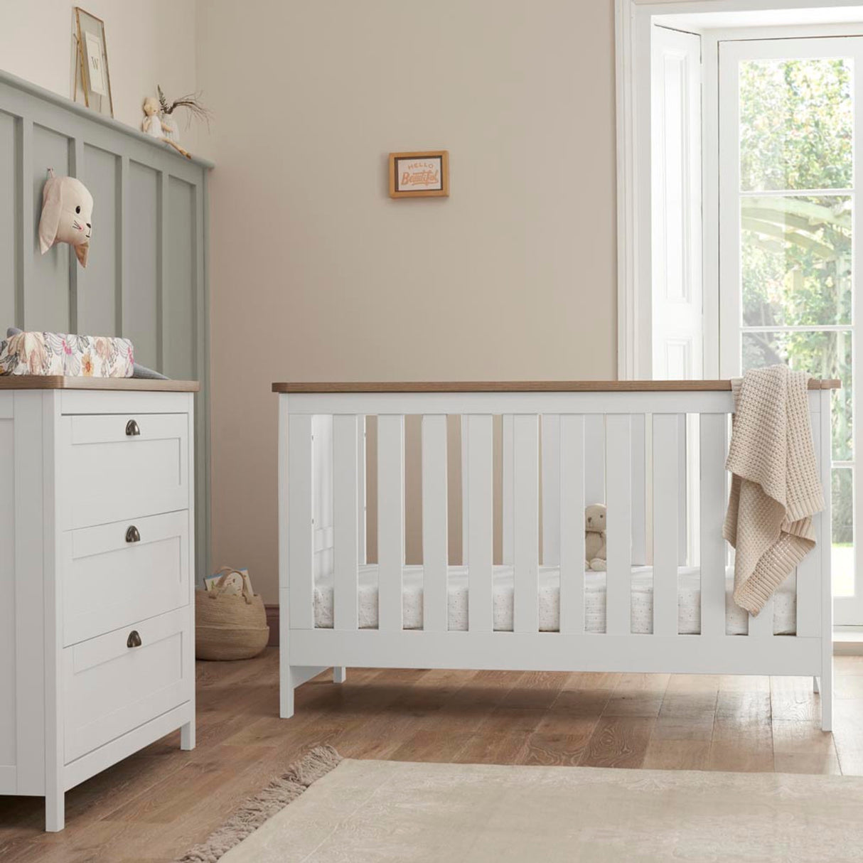 Tutti Bambini Verona 2 Piece Nursery Furniture Set with Cot Bed and Dresser - White / Oak